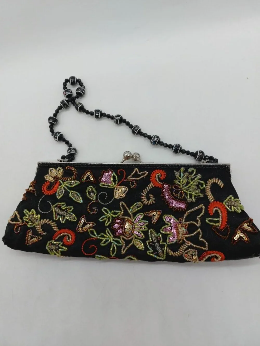 Beaded Purse Bag Handbag Kiss Clasp Black Floral Multicolor